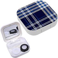 Portable Contact Lens Case Box Travel Kit Mirror + Bottle + Tweezers Container Holder [ Plaid Check Navy Cobalt ]