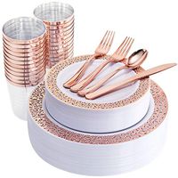 175 Pieces Rose Gold Disposable Plates with Plastic Silverware and Rose Gold Cups, Elegant Laced Plastic Plates, Include: 25 Dinner Plates 10.25", 25 Salad Plates 7.5", 25 Cups , 50 Forks, 25 Knives,