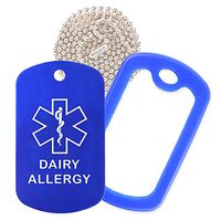 Dairy Allergy Medical Alert ID Necklace with Blue Tag, Blue Silencer, and 30'' USA Chain - 154 Color Choices