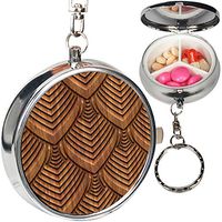 Portable Metal Pill Organizer Keychain Case Stash Box with 3 Compartments for Medicine Vitamin (Carved On Wood)