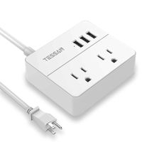 TESSAN Portable 2 Outlet Small Travel Power Strip with 3 USB Ports -Desktop Charging Station 5 Foot Extension Cord- Non Surge Protection Cruise Ship Approved -White