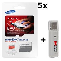 5 PACK - Samsung Evo Plus 32GB MicroSD HC Class 10 UHS-1 80mb/s Mobile Memory Card 32G MB-MC32DA with Adapter LOT OF 5 and USB 2.0 MemoryMarket dual slot MicroSD & SD Memory Card Reader