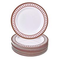 DISPOSABLE DINNER PLATES | 40 pc | Heavy Duty Plastic Dishes | Elegant Fine China Look | Renaissance – Red (10.25”)