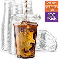 [100 Sets - 20 oz.] Clear Plastic Cups with Straw Slot Lid, PET Crystal Clear Disposable 20oz Plastic Cups with lids