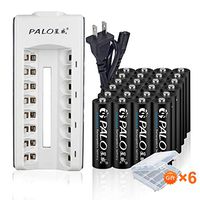 PALO 24 Pack 1.2V AA 600mAh Ni-MH Rechargeable Batteries with 8 Bay AA AAA Upgrade Battery Charger