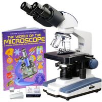 2500X LED Lab Binocular Compound Microscope w 3D-Stage, Book & Blank Slide Set