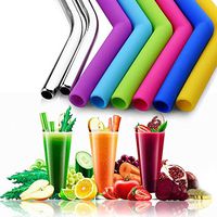 8 Pack Bundle With 6 Curved Silicone, 2 Stainless Steel 10 Inch Rainbow Colored Reusable Drinking Straws for 20 or 30 oz Yeti Rtic Ozark Trail Tumblers, Includes 2 Cleaning Brushes
