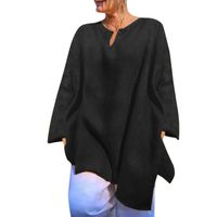 general3 Women Casual Solid Long Sleeve V-Neck Sunscreen Shirt Tops Linen Loose Tunic Blouse(Black,XX-Large)