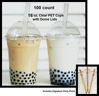 100 Count Plastic CLEAR 16 oz Cup and Dome Lid with Hole w/Signature Party Picks