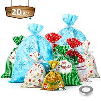 20 Piece 5 Assorted Size Christmas Gift Wrapping Bags Holiday Treats Bags Christmas Party Favor Pouch Goody Bags Xmas Gift Candy Bags with Ribbon Ties
