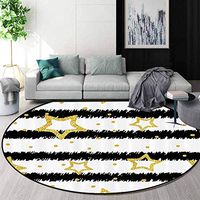 RUGSMAT House Decor Area Rugs Ring 3D Non-Slip Rug,Golden Stars and Dots On Striped Pattern Party Celebration Theme Living Room,Bedroom,Desk/Chair Mats,Round,Diameter-31 Inch Black White Gold