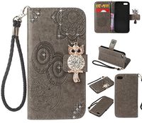 Amocase Wallet Case with 2 in 1 Stylus for iPhone 5S,3D Bling Gems Owl Magnetic Mandala Embossing Premium Strap PU Leather Card Slot Stand Case for iPhone 5/5S/SE - Gray