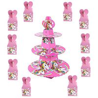 TRIXES 10PC Unicorn Party Favour Boxes for Sweets Chocolate Gifts – and 3 Tier Cake Stand for Cupcakes Cheeses and Canapes –for Birthdays Baby Showers- Colour Pink