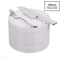 200PCS Cake Plates Set/Premium Quality Heavyweight Tableware Set/Elegant Disposable Plastic Plate & Cultery Sets: 7.5" Silver Trim Plate & Plastic fork- 2 pcs Bouns Cake Knife