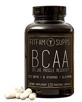 FitFam BCAA Capsules (120 Capsules) Branched Chain Amino Acid Supplement Reduce Muscle Soreness & Recovey Time Deluxe Muscle Recovery 2:1:1 Ratio + B Vitamins + Glutamine