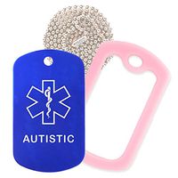 Autistic Medical Alert ID Necklace with Blue Tag, Pink Silencer, and 30'' USA Chain - 154 Color Choices