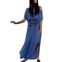 Benficial Dress for Women Fashion Women Summer Short Sleeve O Neck Slit Up Maxi Dress Pocket Long Dress 2019 New Blue