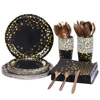HomyPlaza 192 PCS Black and Gold Party Supplies Disposable Paper Plates Dinnerware Set 24 Dinner Plates 24 Dessert Plates 24 Cups Napkins Knives Forks