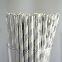 BalsaCircle 150 pcs 8-Inch Silver and White Striped Paper Straws - Disposable Wedding Party Birthday Event Picnic Supplies