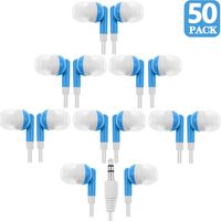 Wholesale Earbuds Bulk Headphones Individually Bagged 50 Pack for iPhone, Android, MP3 Player for Schools, Libraries, Hospitals (Blue)
