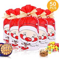 50pcs Christmas Candy Cookies Drawstring Gift Bags 7”×4”, Plastic Treat Bags with Bow-Tie for Birthday Party Wedding Favor,A