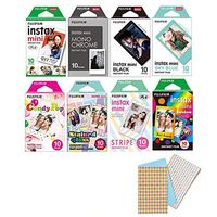 Fujifilm Instax Mini Instant Film 8-SET , Monochrome + Black + Sky Blue + Single + Candy Pop + Stained Glass + Stripe + Rainbow +  Sticker for Mini 90 8 70 7s 50s 25 300 Camera SP-1 Printer
