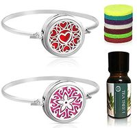Bella Therapy Heart Star Flower Diffuser Bracelet Pendant Locket Jewelry, Stainless Steel 2PCS Sets with Bonus Tea Tree Aromatherapy Essential Oil Gift Present