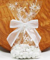 Winter Snowflakes Christmas Holiday Cellophane Treat Party Favor Bags with Twist-Tie Organza Bow. Set of 10 Ready-to-Use, Gussetted 11x5x3 Goodie Bags with White Bows.