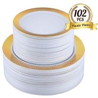 FOCUS LINE 102Pcs Disposable Plastic Plates Gold Grid Rim Party Plates，51Pcs 10.25 Inch Dinner Plates and 51Pcs 7.5 Inch Dessert Plates Elegant Fancy Heavy Duty Wedding Plates