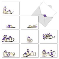 10 Cute ‘Purple Purrs' Thank You Cards with Envelopes 4 x 5.12 inch, Cards with Illustrations of Cats in Purple Clothing, Boxed Thank You Note Cards, Bulk Set of Note Cards M2966