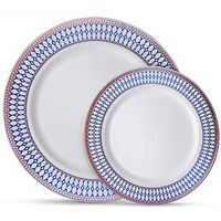 Laura Stein Designer Dinnerware Set | 64 Disposable Plastic Party Plates | White Wedding Plates, Blue Rim, Rose Gold Accents | Includes 32 10.75" Dinner Plates & 32 7.5” Salad Plates | Midnight Blue