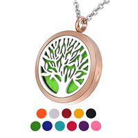 HOUSWEETY Aromatherapy Essential Oil Diffuser Necklace-Stainless Steel Tree of Life Locket Pendant,11 Refill Pads (Non-engraving)