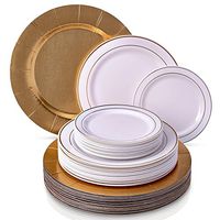 MODERN ELEGANT DISPOSABLE 60 PC DINNERWARE SET | Heavy Duty Plastic Dishes | 20 Chargers | 20 Dinner Plates | 20 Salad Plates | for Upscale Wedding and Dining | Golden Glare Collection (White/Gold)