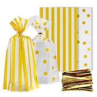 Syihaos Gold Polka and Dot Stripe Treat Bags 100 Pieces Clear Cello Bags with 300 Pieces Twist Ties for Chocolate Candy Snack Cookie Wrapping Party Favor