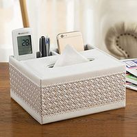 T-ZJHC Multi-Function Tissue Box Living Room Coffee Table Paper Remote Control Storage Box, Square 2 Grid - White Woven Pattern