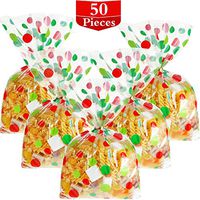 Hestya 50 Counts Flat Clear Cellophane Treat Bags Cellophane Block Bottom Red and Green Polka Dot Patterned Storage Bags Sweet Bags with Twist Ties for Christmas Party Favor (Style E)