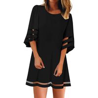 TEVEQ Women's Boho Dress O Neck Mesh Panel Blouse 3/4 Bell Sleeve Loose Top Shirt Dress Black