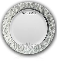 buyNsave White with Silver Heavyweight Plastic Elegant Disposable Plates, Wedding Party Elegant Dinnerware, Hammered Collection (40, 10.25" Dinner Plates)