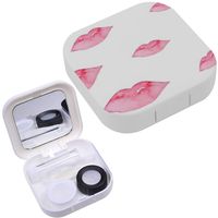 Portable Contact Lens Case Box Travel Kit Mirror + Bottle + Tweezers Container Holder [ Watercolor Pink Lips ]