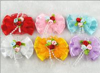 20pcs Ribbon Organza 3 Flowers Mahogany Pearl Flowers Bows Wedding Appliques (Mix)