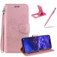 PU Leather Case For Huawei Mate 20 Lite,Strap Magnetic Wallet Folio Cover for Huawei Mate 20 Lite,Herzzer Elegant Slim Pink [Love Hearts Flower Embossed] Stand Phone Case