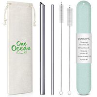 Reusable Metal Stainless Steel Straws: Regular Metal Straws + Metal Boba Straws + Wheat Cases +2 Cleaning Brushes + 1 Pouch, for Hot and Cold Drinks, Portable for Personal Use, 8.5 inche (Green Case)