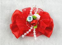 20pcs Ribbon Organza 3 Flowers Mahogany Pearl Flowers Bows Wedding Appliques (Red)