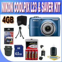 Nikon Coolpix L23 Digital Camera - Blue (10mp, 5x Optical Zoom) 2.7-inch LCD W/4GB SDHC Memory + Set of Rechargeable Batteries + Ac/Dc Charger + USB Card Reader + Memory Card Wallet + Shock Proof Case w/Strap + Accessory Saver Bundle!