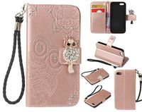 Amocase Wallet Case with 2 in 1 Stylus for iPhone 5S,3D Bling Gems Owl Magnetic Mandala Embossing Premium Strap PU Leather Card Slot Stand Case for iPhone 5/5S/SE - Rose Gold