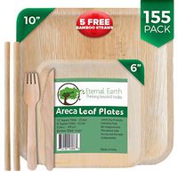 Eternal.Earth Disposable Areca Palm Leaf Plates | 10&6 Inch Square | 155 Piece Dinnerware Party Set | 50 Compostable Wood Forks & 50 Biodegradable Knives | +5 FREE Eco-Friendly Reusable Bamboo Straws