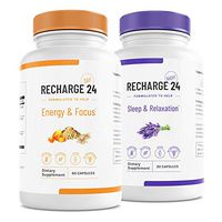 RECHARGE24 AM/PM Energy Pills and Sleep Aid, Non-Crash Sustained Performance, 100% Natural Herbal Blend with 200 mg Natural Caffeine, All Natural Sleeping Pills, 30 Day Supply