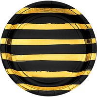 Black and Gold Foil Striped Paper Plates, 24 ct