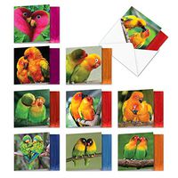 Love Birds - Box of 10 All-Occasion Romantic Blank Cards with Envelopes (4 x 5.12 Inch) - Bulk Lovebirds Note Card Bundle - All Occasion Beauty of Nature Notecard Set MQ4628OCB-B1x10