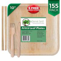Eternal.Earth Disposable Areca Palm Leaf Plates | 10 Inch Square | 155 Piece Dinnerware Party Set | 50 Compostable Wood Forks & 50 Biodegradable Knives | +5 FREE Eco-Friendly Reusable Bamboo Straws